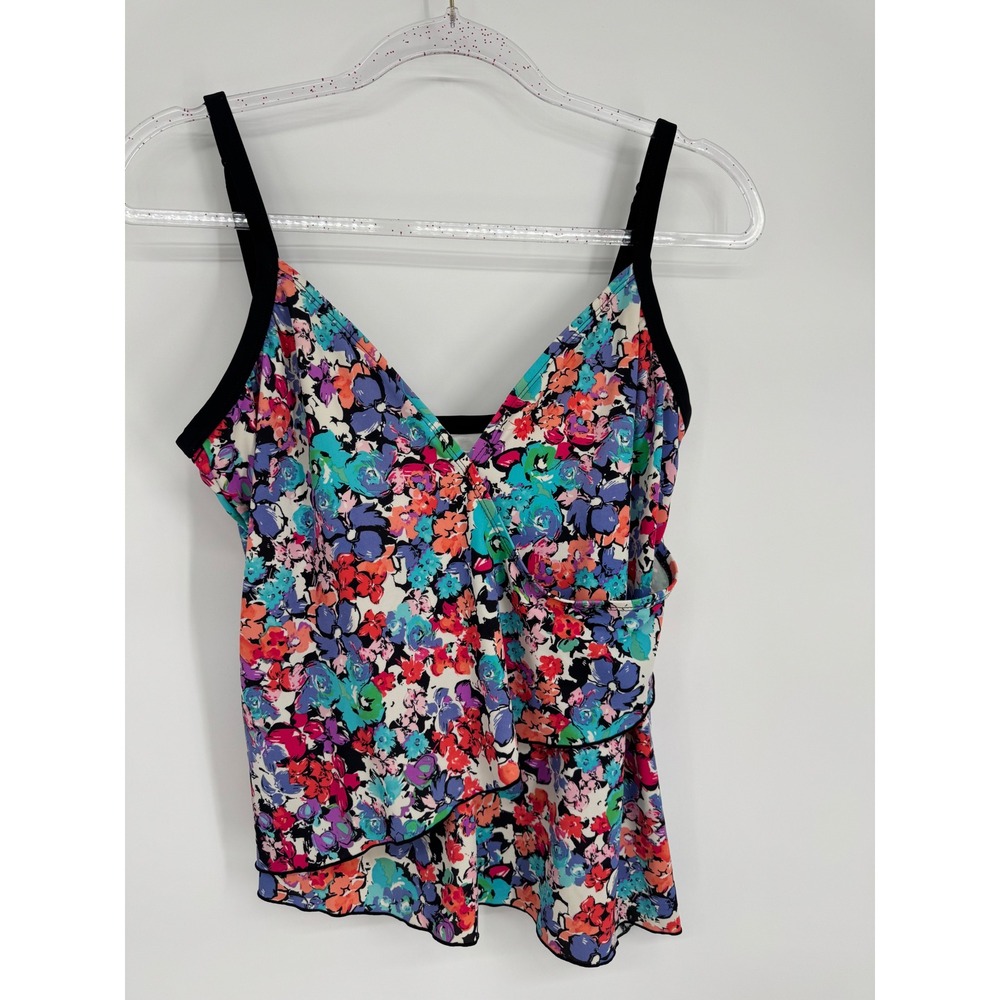 24th & Ocean Womens Floral Tiered Ruffle Tankini Top Multicolor V-Neck Sz XL